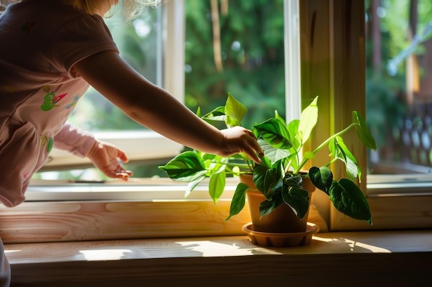 写真 太陽の照らされた窓際に鉢の植物を置く子供