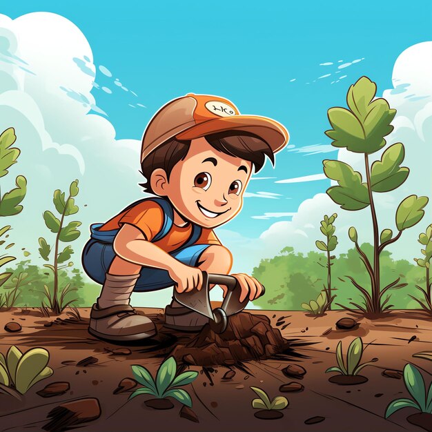 child planting in cartoon style