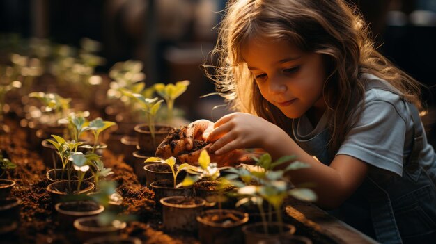 Photo a child planting seeds in a small pot