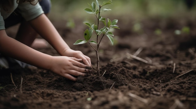 A child planting a tree in a field