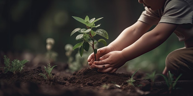 A child planting a tree in the garden