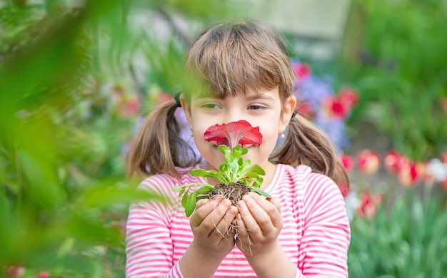 子供がフラワーガーデンを植えます。セレクティブフォーカス。