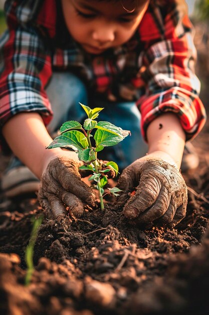 子供が庭に木を植える 選択的な焦点