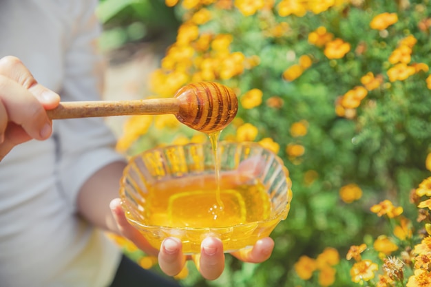 Child a plate of honey in the hands