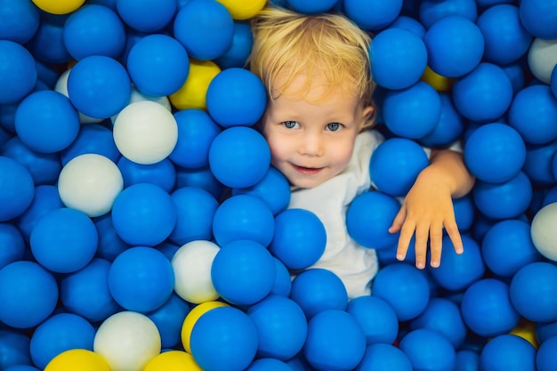 Child playing in ball pit Colorful toys for kids Kindergarten or preschool play room Toddler kid at day care indoor playground Balls pool for children Birthday party for active preschooler