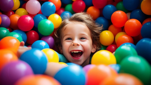 A child playing in a ball pit with colorful balls