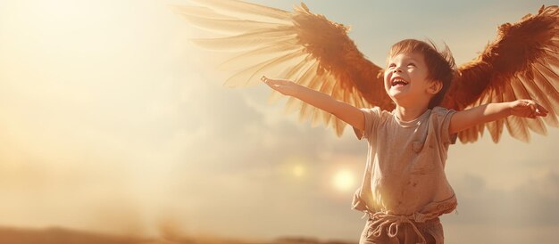 Child playing happily with toy wings against summer sky backdrop Vintage tinted