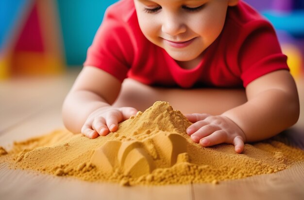 Child playing kinetic sand on floor