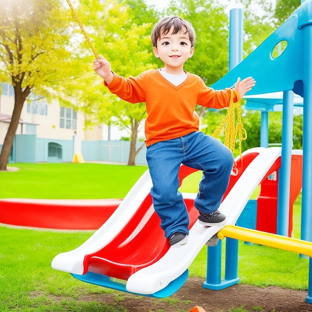 Child Playing On Outdoor Playground Kids Play On Kindergarten Yard swing Kids play Colorful Park