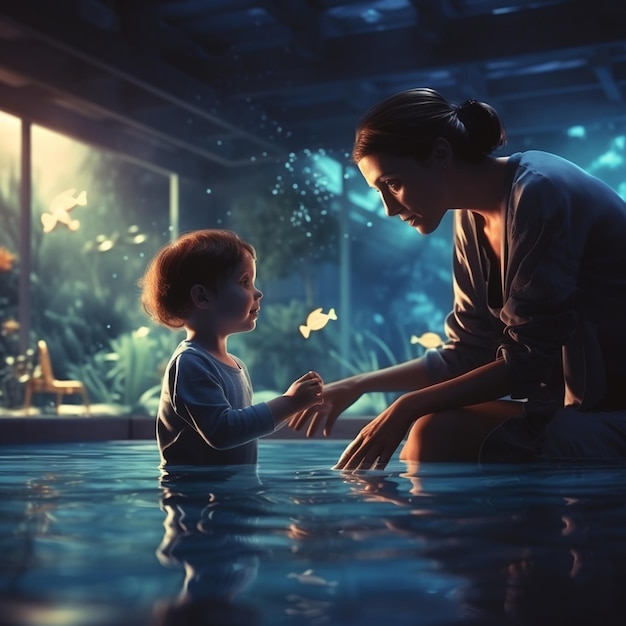 child playing in the pool together with mother