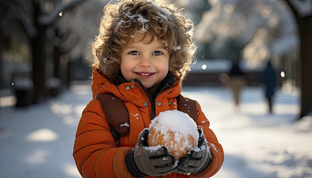 Child playing in the snowholding a snowballbright colors