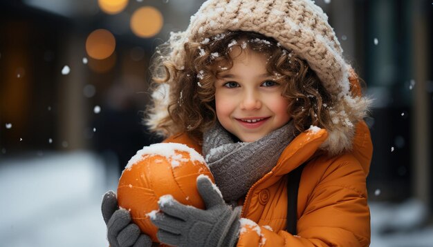Ребенок играет в снегу, держа в руках снежок ярких цветов