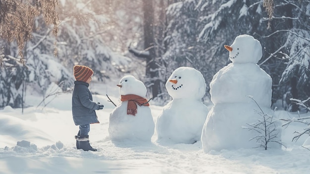 Child playing snowman on sunset Generative AI