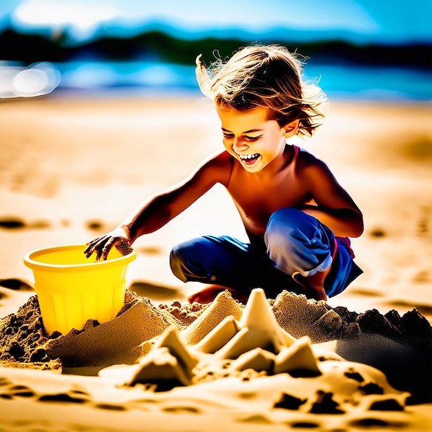 Foto un bambino che gioca su una spiaggia soleggiata e felice imitate le loro risate mentre costruiscono un semplice castello di sabbia