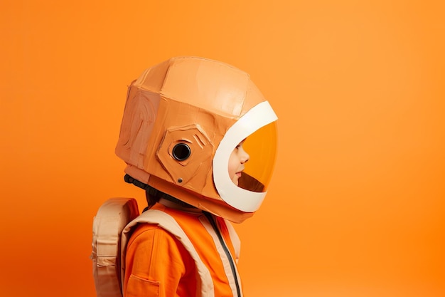 A child playing with a cardboard toy astronaut costume childhood ambition concept generative ai