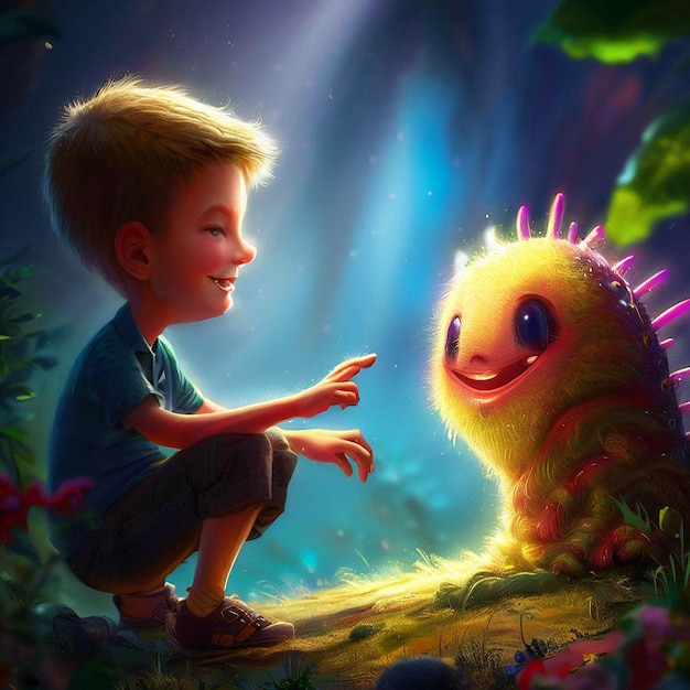 A child playing with a cute monster