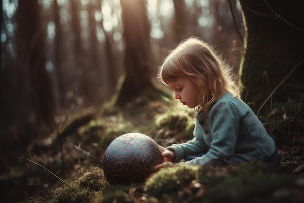 Child playing with a earth planet ball Created with generative AI technology