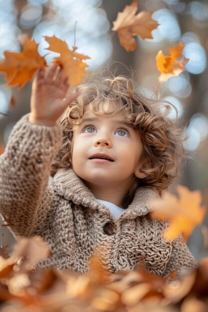 child playing with fallen leaves from the trees in autumn