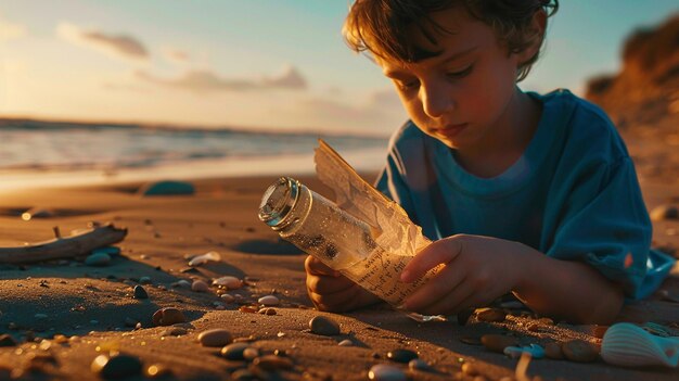 Photo a child playing with pebbles and a bottle of water on the beach