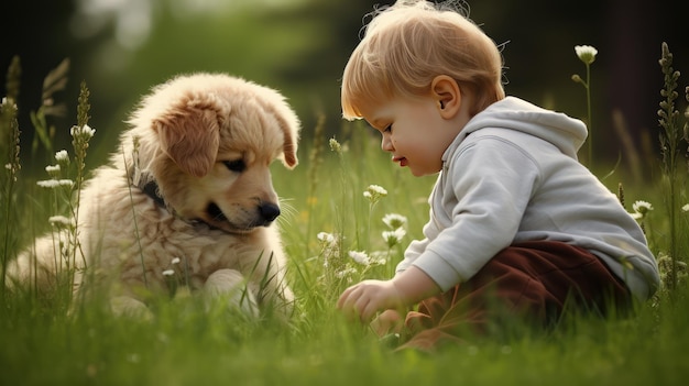 Ребенок играет с щенком на траве