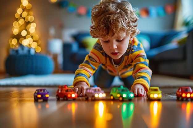 Child playing with toy cars and traffic signals Ai generative