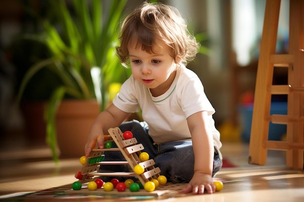 Foto un bambino che gioca con una casa giocattolo fatta da una pianta.