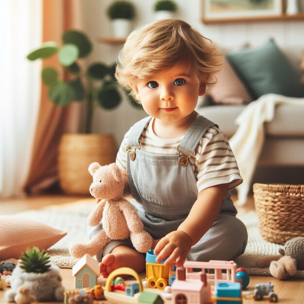 a child playing with a toy and a toy in the background