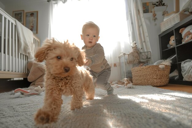 A child plays dynamically with a dog in the nursery Motion blur