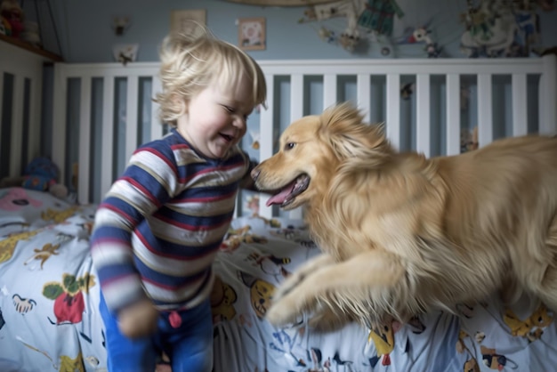 A child plays dynamically with a dog in the nursery Motion blur