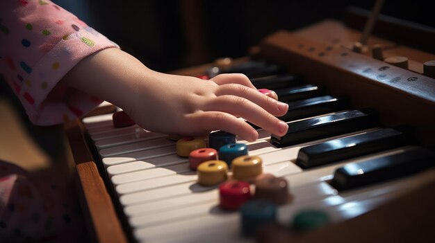 上部にカラフルなボタンが付いた電子ピアノを弾く子供。