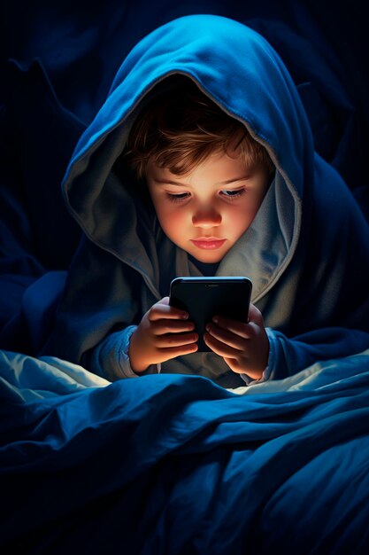 毛布の下で携帯電話で遊んでいる子供ジェネレーティブAIキッズ