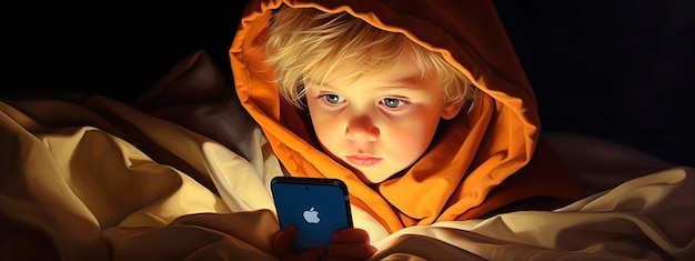 毛布の下で携帯電話で遊んでいる子供ジェネレーティブAIキッズ