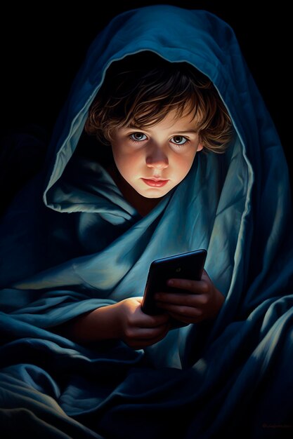 A child plays on the phone under the blanket Generative AI Kids