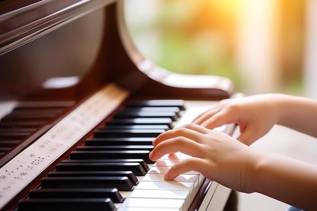 a child plays the piano with the hands on the keys