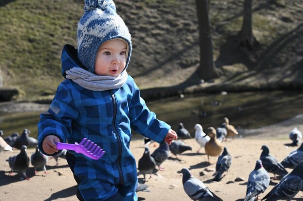 Child plays on the street with pigeons. child and pigeons.