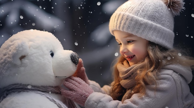 a child plays with a bear and sculpts a winter figure Winter happiness frosty morning