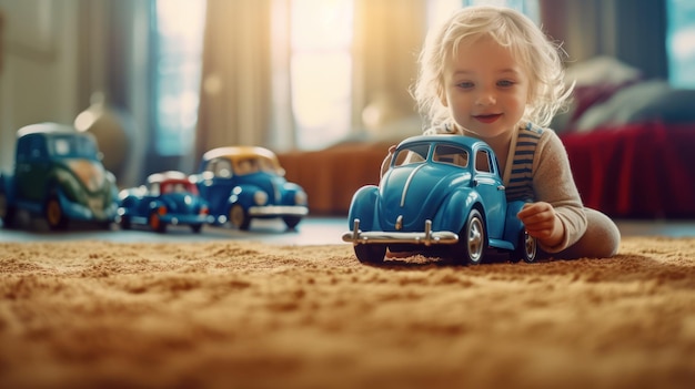 子供がカーペットの上で青いおもちゃの車で遊んでいます。