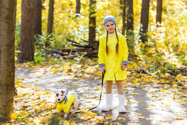 Child plays with Jack Russell Terrier in autumn forest