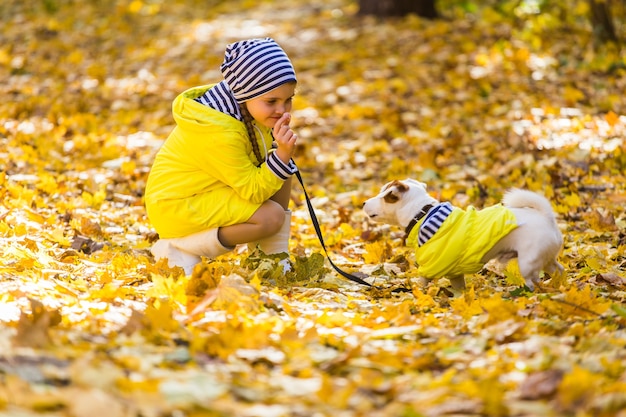 Child plays with Jack Russell Terrier in autumn forest