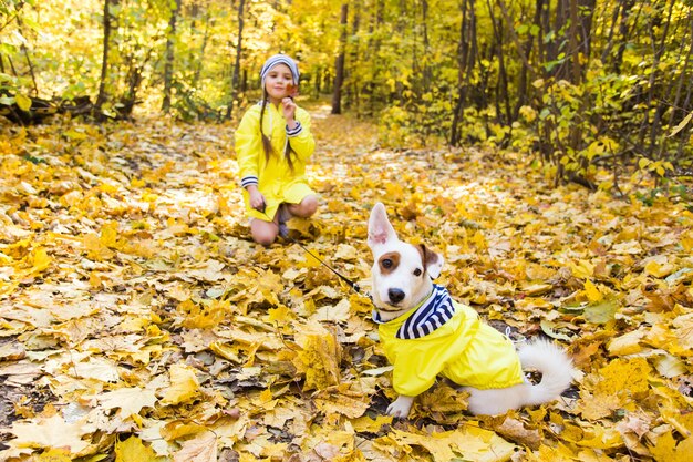 Child plays with Jack Russell Terrier in autumn forest