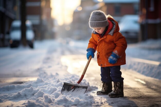 A child plays with a snow shovel in the yard