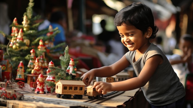 child plays with toy train sitteng ubder christma tree