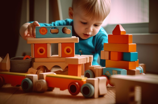 A child plays with a toy train.