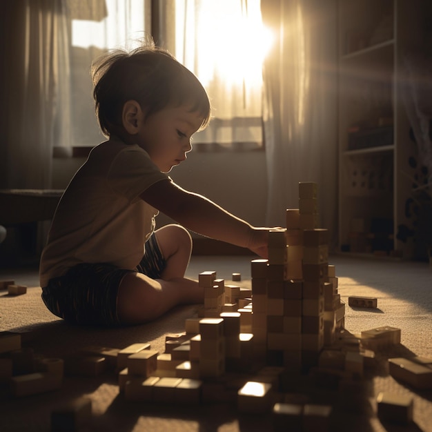 A child plays with wooden blocks on the floor.