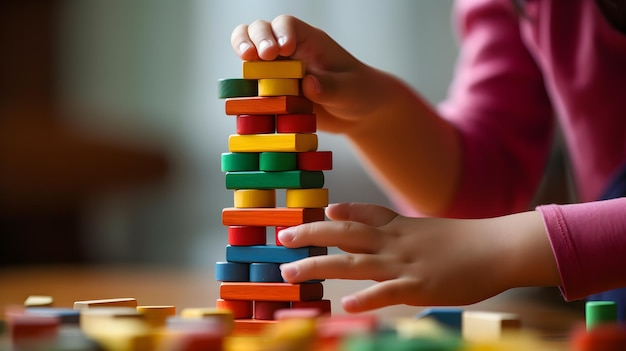 A child plays with wooden blocks on a table.