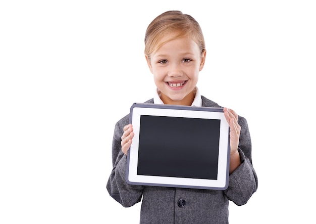 Child portrait and mockup space on tablet for promotion in studio information and announcement Happy female person girl and blank screen for deal or sale and discount bonus and white background