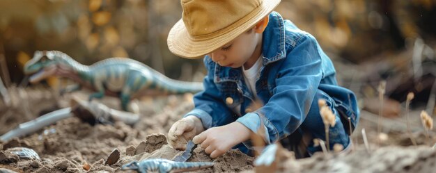 Photo a child pretending to be an archaeologist digging up the sandbox and finding toy dinosaur fossils