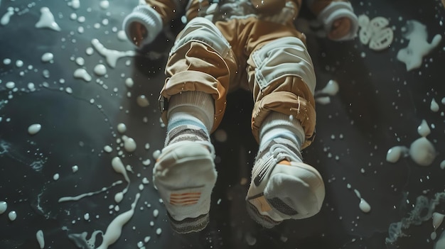 Foto un bambino che finge di essere un astronauta che galleggia in gravità zero con i calzini su un pavimento scivoloso