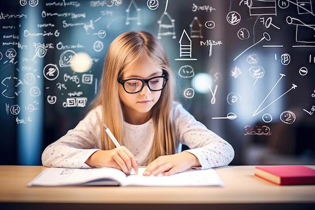 A Child Prodigy a Smart Child Writes in a Notebook Young Girl Solving a Math Equation to Clever for her Age Academically Gifted Kid Generative AI Illustration