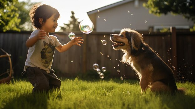 Photo a child and puppy chasing bubbles in the background